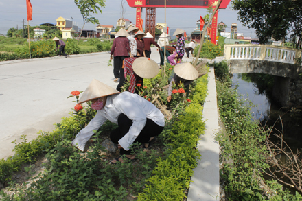 Hội viên hội phụ nữ xã Ninh An dọn dẹp vệ sinh, chăm sóc đường hoa.