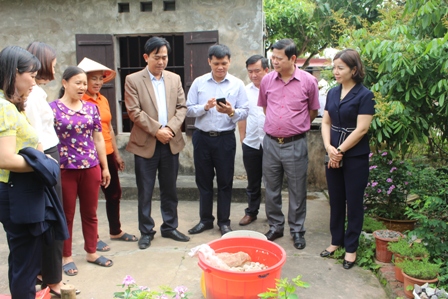 Các đại biểu thăm quan mô hình "Xử lý rác thải hữu cơ bằng men vi sinh" tại xã Khánh Thành, Yên Khánh.