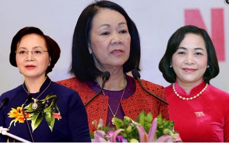 Trưởng Ban Tổ chức Trung ương Trương Thị Mai (giữa), Bộ trưởng Bộ Nội vụ Phạm Thị Thanh Trà (bìa trái), Trưởng Ban công tác đại biểu Nguyễn Thị Thanh (bìa phải) là 3 nữ lãnh đạo ngành tổ chức cán bộ